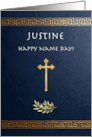 Justine Greek Name Day Blue Gold Cross Olive Branch card