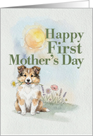 First Mothers Day Shetland Sheepdog Puppy and Flowers Watercolor card