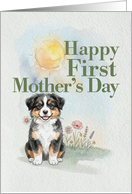 First Mothers Day Black Aussie Shepherd Puppy Dog and Flowers card