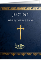Justine Greek Name Day Blue Gold Cross Olive Branch