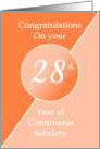 Congratulations 28 Years of continuous sobriety. Light and dark orange card