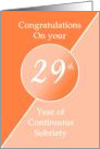 Congratulations 29 Years of continuous sobriety. Light and dark orange card