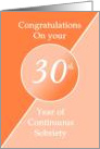 Congratulations 30 Years of continuous sobriety. Light and dark orange card