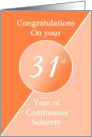 Congratulations 31 Years of continuous sobriety. Light and dark orange card