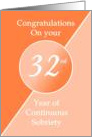 Congratulations 32 Years of continuous sobriety. Light and dark orange card