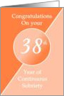 Congratulations 38 Years of continuous sobriety. Light and dark orange card