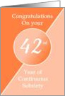 Congratulations 42 Years of continuous sobriety. Light and dark orange card