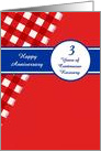 3 Years Recovery Anniversary, Red Gingham with a Blue Banner. card