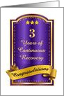 3 Years, Continuous Recovery blue congratulations plaque card