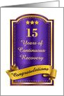 15 Years, Continuous Recovery blue congratulations plaque card