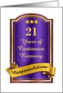 21 Years, Continuous Recovery blue congratulations plaque card