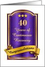 40 Years, Continuous Recovery blue congratulations plaque card