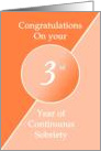 Congratulations 3 Years of continuous sobriety. Light and dark orange card