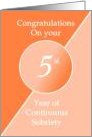 Congratulations 5 Years of continuous sobriety. Light and dark orange card