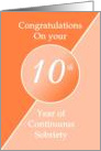 Congratulations 10 Years of continuous sobriety. Light and dark orange card