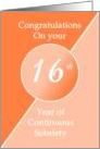 Congratulations 16 Years of continuous sobriety. Light and dark orange card