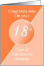 Congratulations 18 Years of continuous sobriety. Light and dark orange card