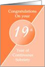 Congratulations 19 Years of continuous sobriety. Light and dark orange card