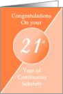 Congratulations 21 Years of continuous sobriety. Light and dark orange card