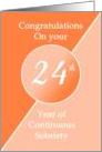 Congratulations 24 Years of continuous sobriety. Light and dark orange card