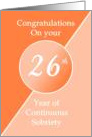 Congratulations 26 Years of continuous sobriety. Light and dark orange card