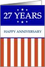 27 YEARS. Happy Anniversary, Red White and Blue with Stars, card