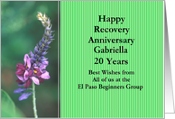 20 Years Gabriella, Purple flower From all of us, Custom Text card