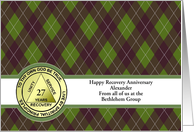 27 Years Alexander, A black and green argyle pattern with a medallion, card