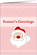 Seasons Greeting on red stripes with a simple vintage looking Santa card