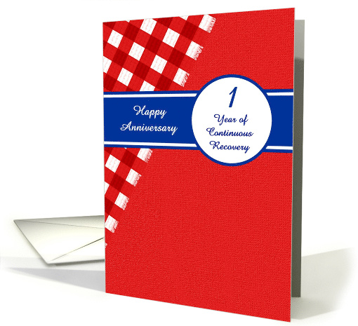 1 Year Recovery Anniversary, Red Gingham with a Blue Banner. card