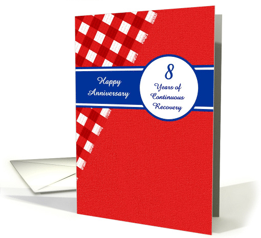 8 Years Recovery Anniversary, Red Gingham with a Blue Banner. card