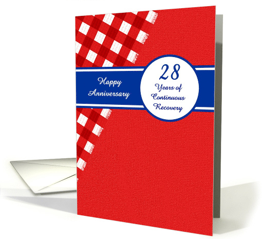 28 Years Recovery Anniversary, Red Gingham with a Blue Banner. card