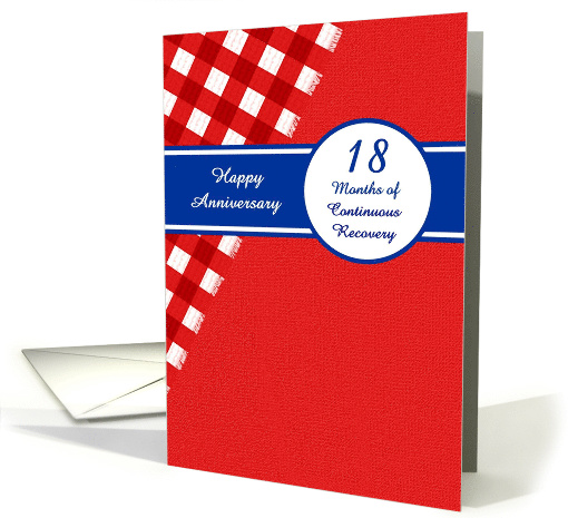 18 Month Recovery Anniversary, Red Gingham with a Blue Banner card