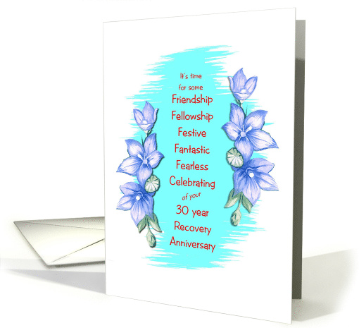 30 Years, Happy Recovery Anniversary, blue flower border card