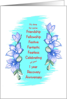 1 Year, Happy Recovery Anniversary, blue flower border card
