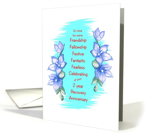 2 Year, Happy Recovery Anniversary, blue flower border card (1506662)