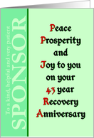 Sponsor, 43 year, Happy Recovery Anniversary card