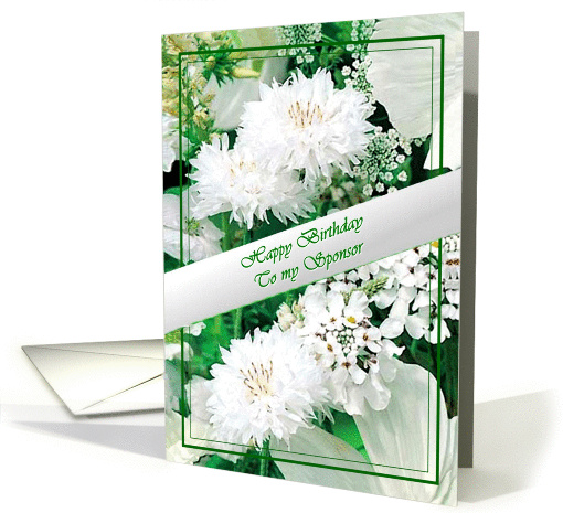 Happy Birthday To My Sponsor, Satin Ribbon, White Flowers card