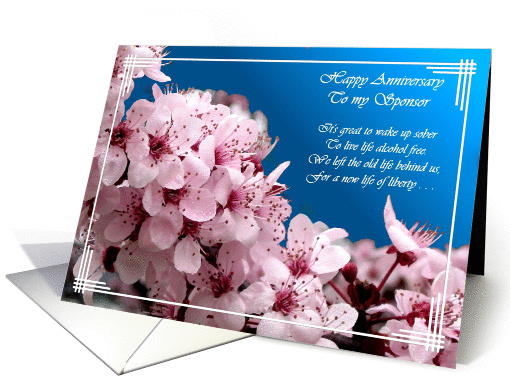 Pink Blossoms, Blue Sky, sober, Happy Anniversary, To my Sponsor card