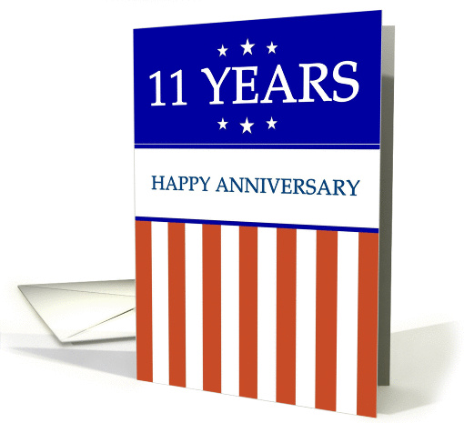 11 YEAR. Happy Anniversary, Red White and Blue with Stars, card