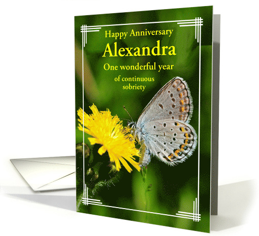 Happy Recovery Anniversary,- Karner blue butterfly on hawkweed. card