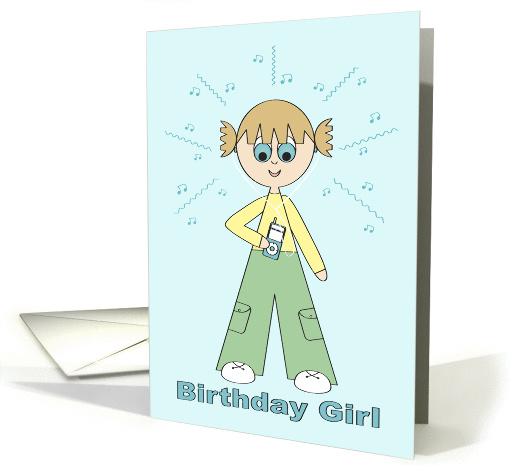 Birthday card with a girl listening to music card (914562)