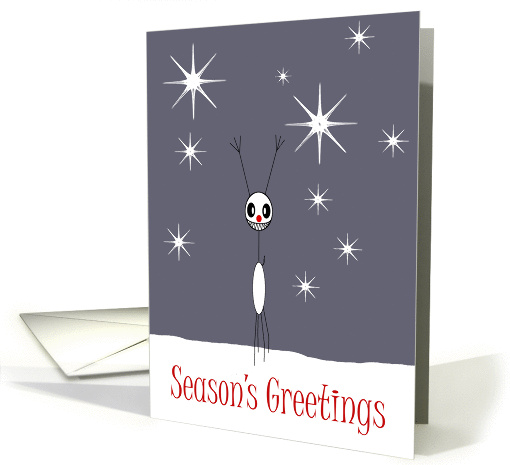 Season's Greetings reindeer in the snow with red nose and stars card