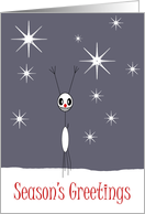 Season’s Greetings reindeer in the snow with red nose and stars card