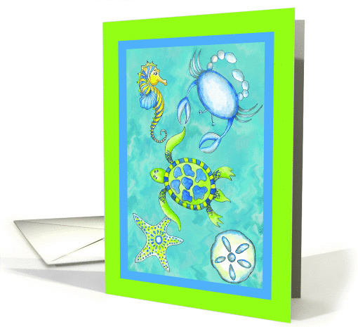 Ocean Sea Life Seahorse, Crab, Turtle, Starfish, Sand Dollar card