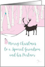 Merry Christmas Grandson and Partner Whimsical Reindeer Pink Forest card