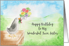Happy Birthday to My Wonderful Twin Sister, Bird with Flowers card