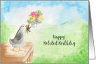 Happy Belated Birthday, Bird with Colorful Flowers in Beak card