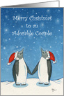 Merry Christmas Adorable Couple, Cartoon Penguins in Falling Snow card