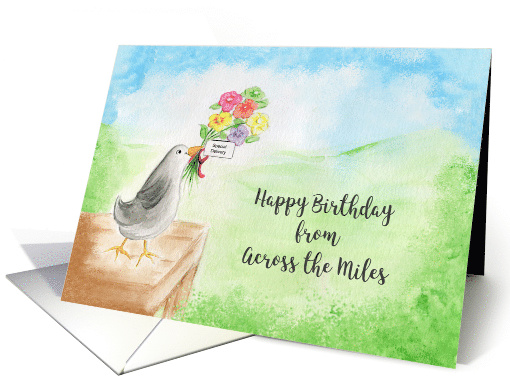 Birthday, Across Miles, Comical Bird, Flowers, Hills, Sky card